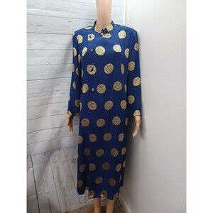 Silky Qipao Long Dress Chinese Vietnamese Cheongsam Sz S Blue Gold Slit